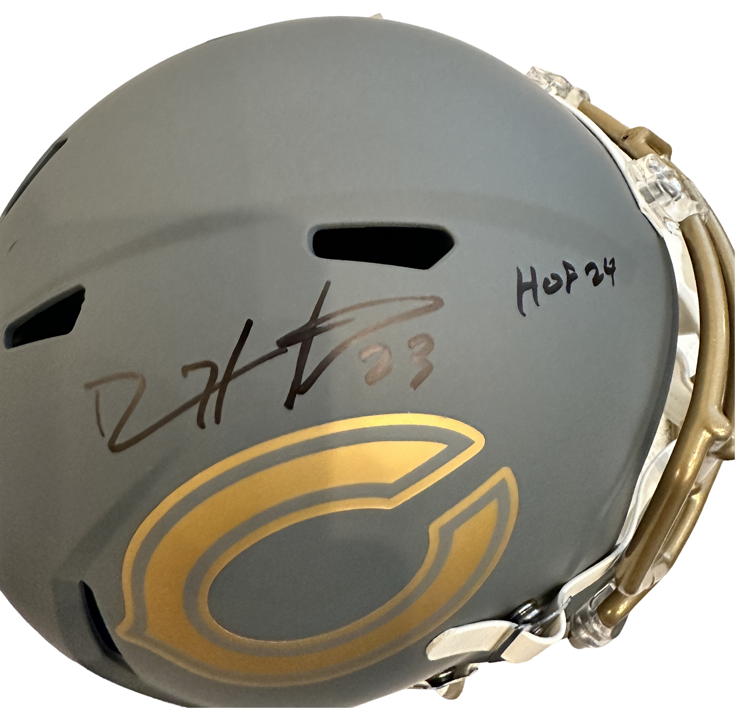Devin Hester Autographed Helmet Signed Inscription HOF 24 Full Size Rep Slate Helmet (PIA/JSA)