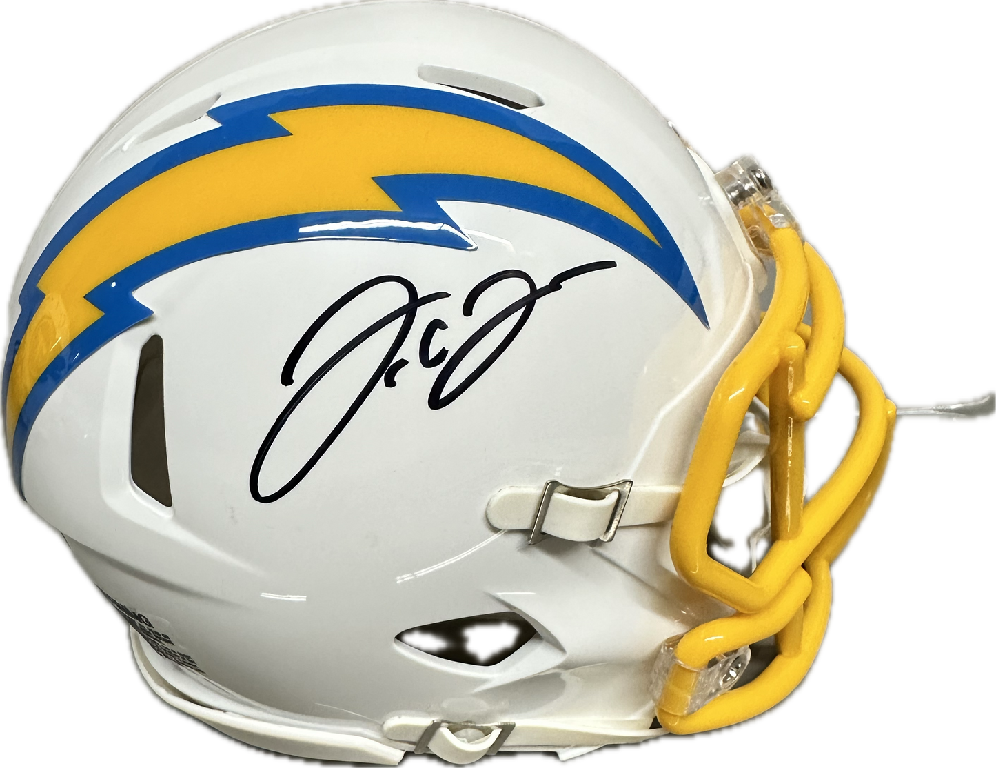 JC Jackson Los Angeles White Signed Mini Football Helmet (JSA)