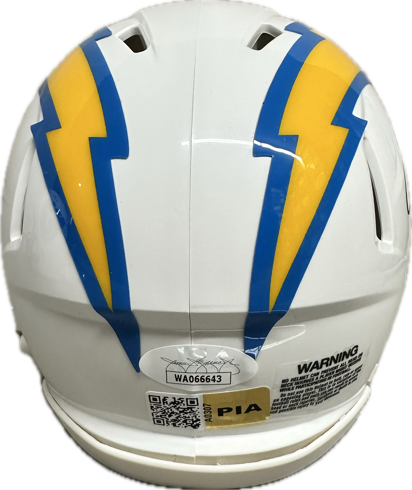 JC Jackson Los Angeles White Signed Mini Football Helmet (JSA)