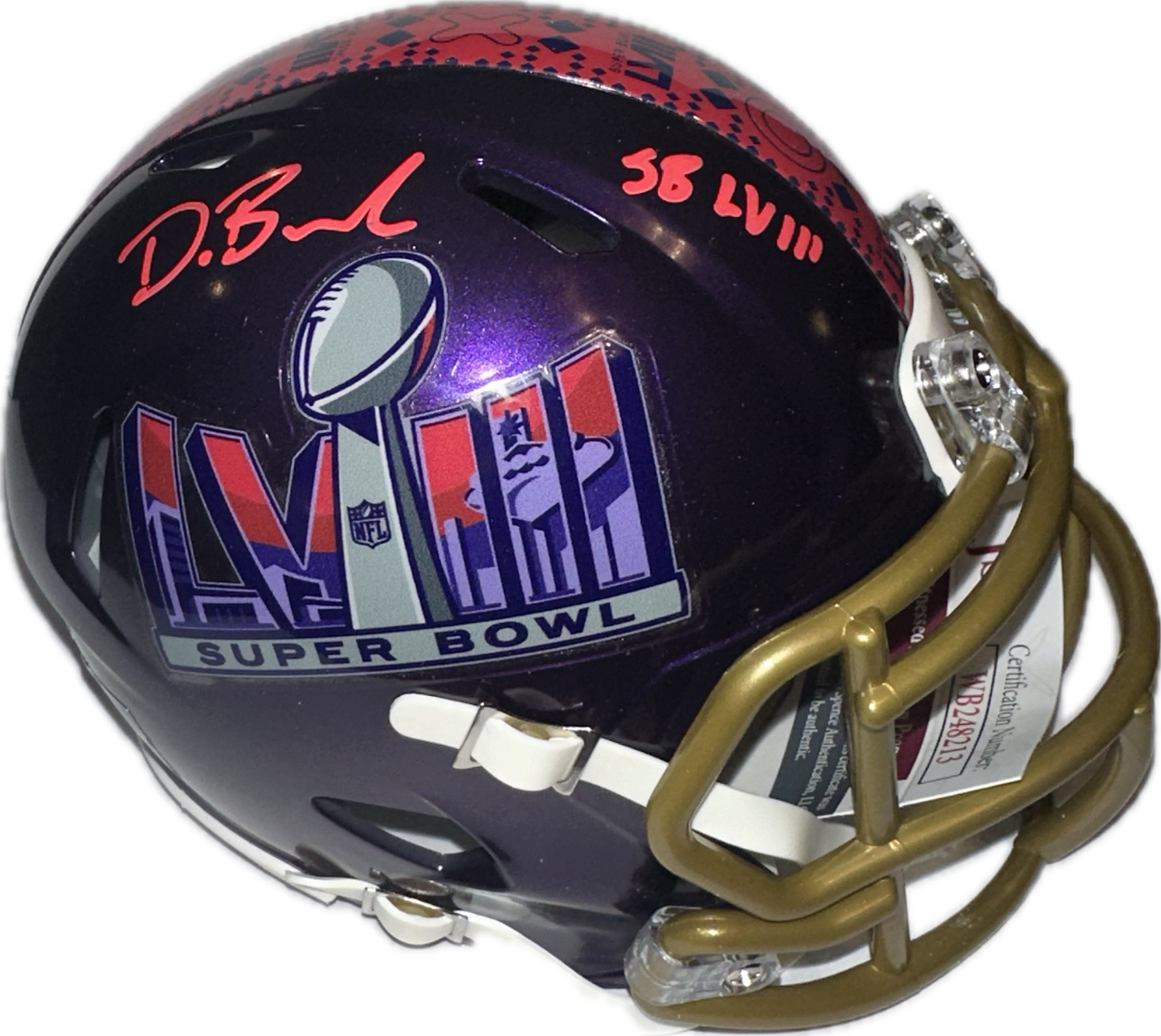 Deon Bush "SB LVIII" Inscription Super Bowl Purple Signed Mini Football Helmet (PIA JSA)