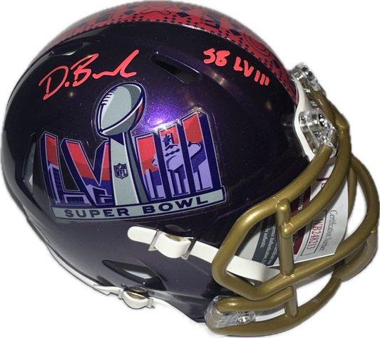 Deon Bush "SB LVIII" Inscription Super Bowl Purple Signed Mini Football Helmet (PIA JSA)