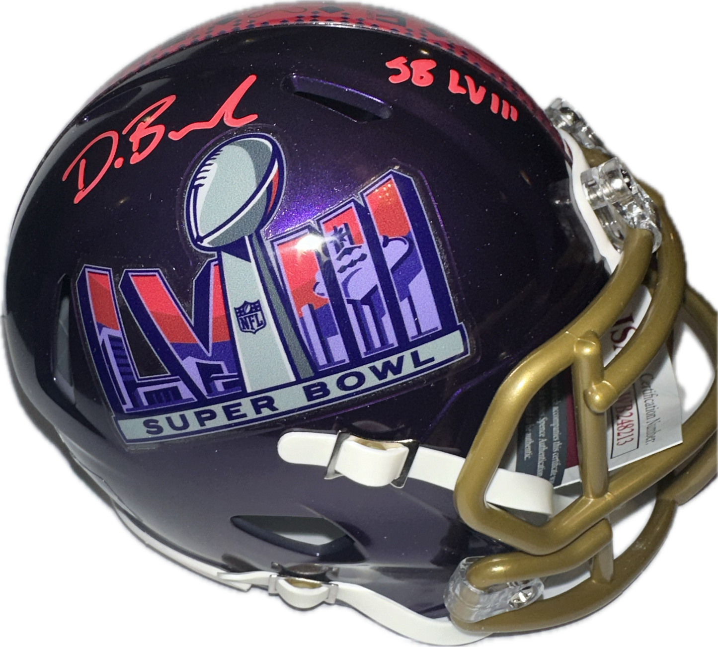 Deon Bush "SB LVIII" Inscription Super Bowl Purple Signed Mini Football Helmet (PIA JSA)