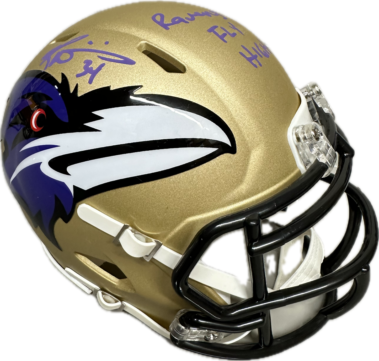 Ricky Williams Baltimore "Ravens Fly High" Inscription Gold Signed Mini Football Helmet (JSA)