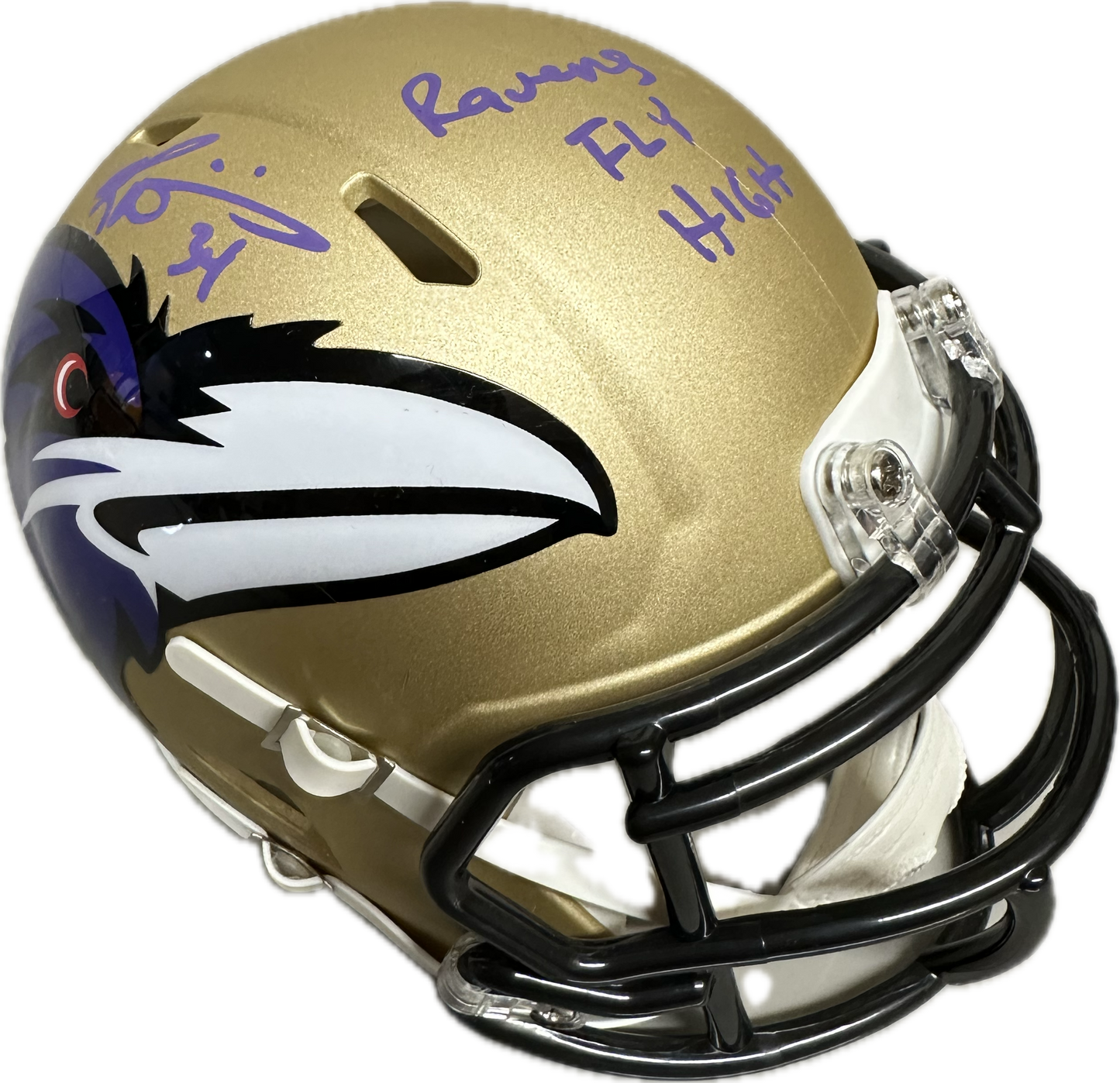 Ricky Williams Baltimore "Ravens Fly High" Inscription Gold Signed Mini Football Helmet (JSA)