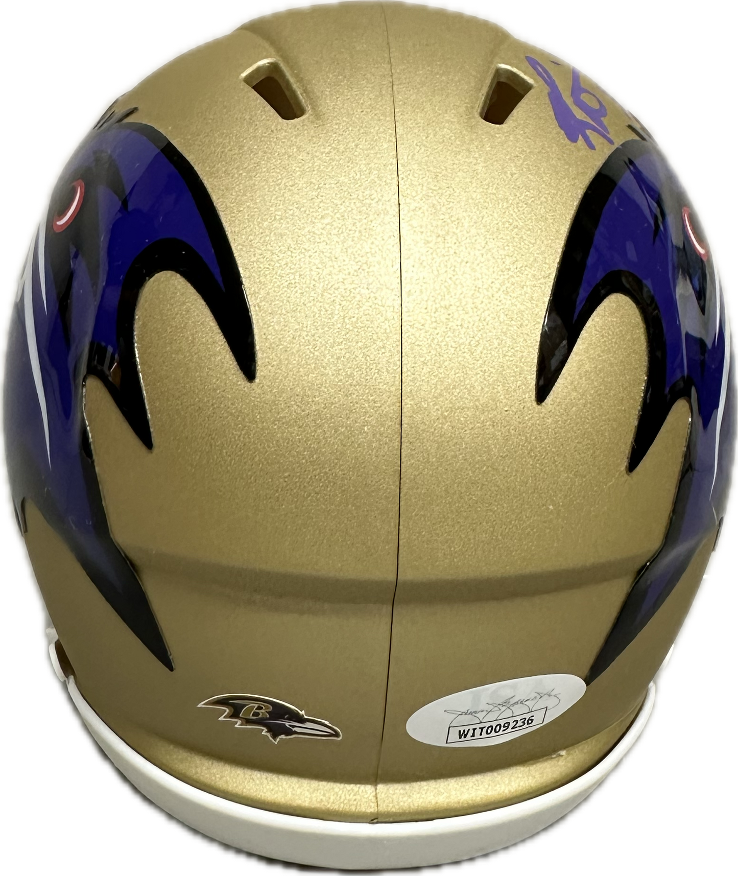 Ricky Williams Baltimore "Ravens Fly High" Inscription Gold Signed Mini Football Helmet (JSA)