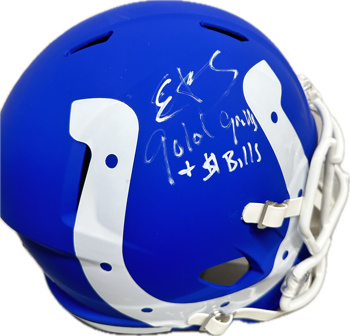 Edgerrin James Full Size Indianapolis Eclipse Blue Speed AMP Football Helmet (JSA) Gold Teeth To Gold Jacket