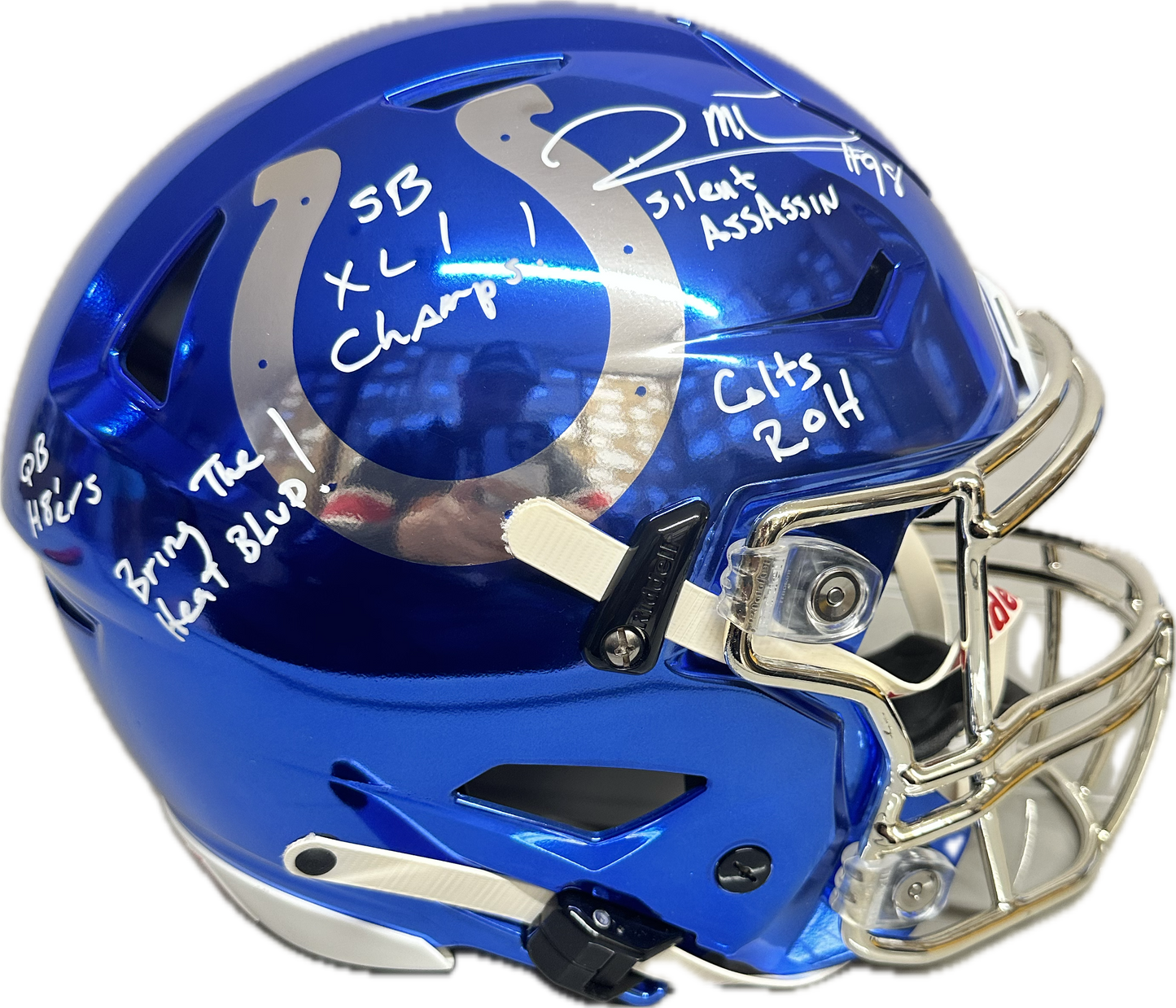 Robert Mathis "Super Bowl XLI" Mega Inscription: Full Size Indianapolis Mirror Blue Speed Authentic Football Helmet (JSA)