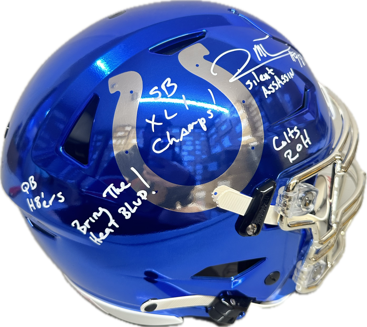 Robert Mathis "Super Bowl XLI" Mega Inscription: Full Size Indianapolis Mirror Blue Speed Authentic Football Helmet (JSA)