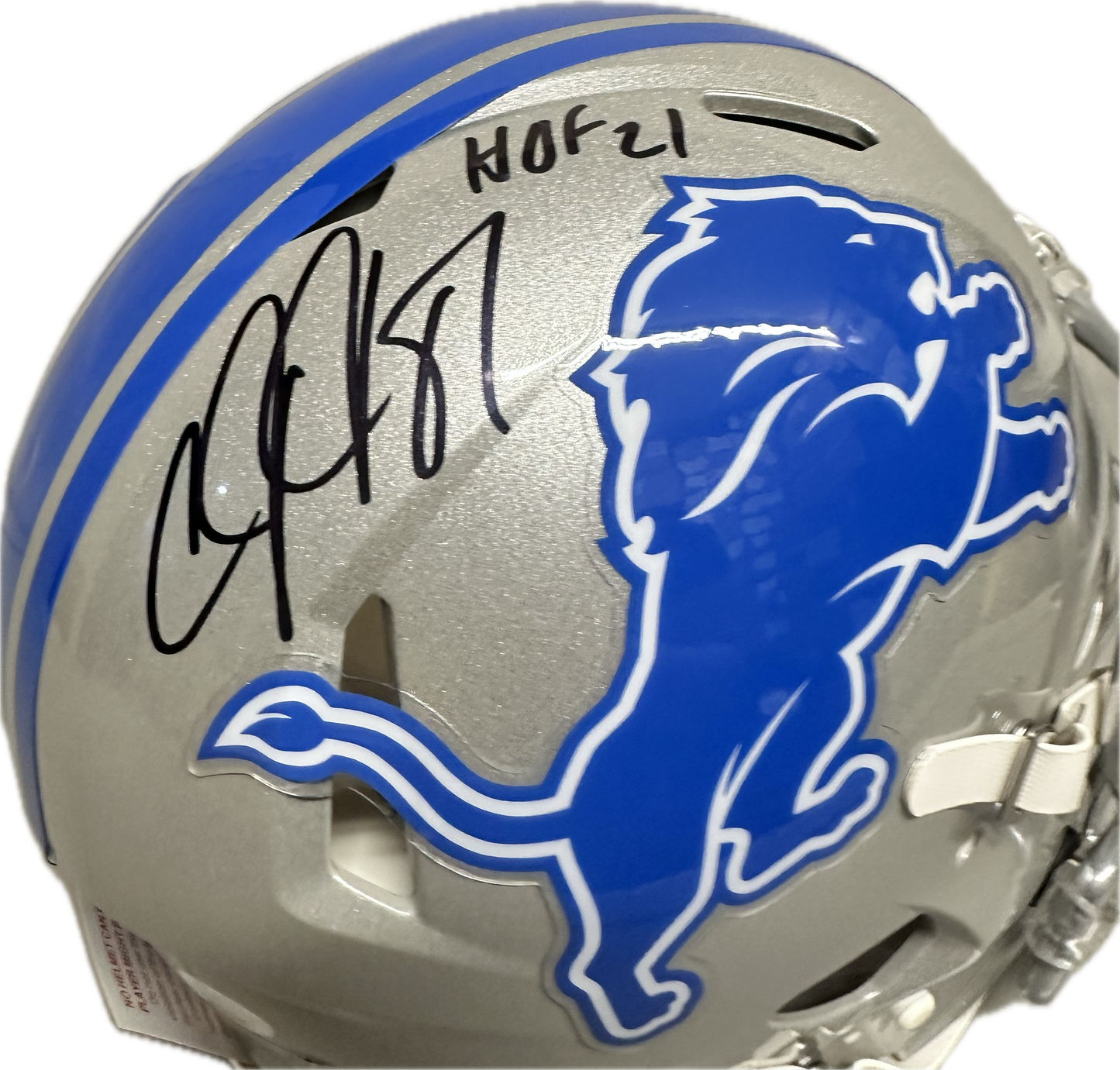 Calvin Johnson "HOF 21" Inscription Signed Detroit Full Size Grey Football Helmet (JSA)