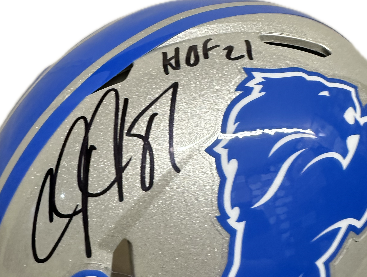 Calvin Johnson "HOF" Inscription Detriot Full Size Grey Football Helmet (JSA)