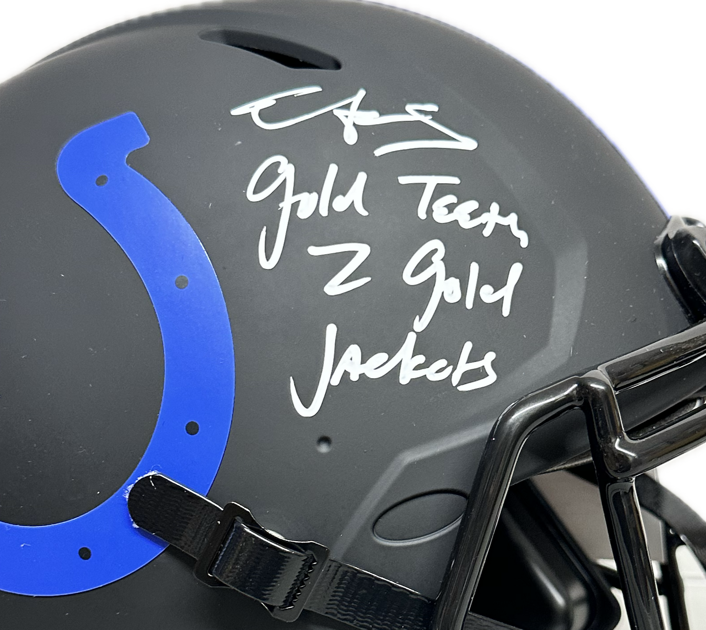 Edgerrin James Full Size Indianapolis Eclipse Speed AMP Football Helmet (JSA) Gold Teeth To Gold Jacket