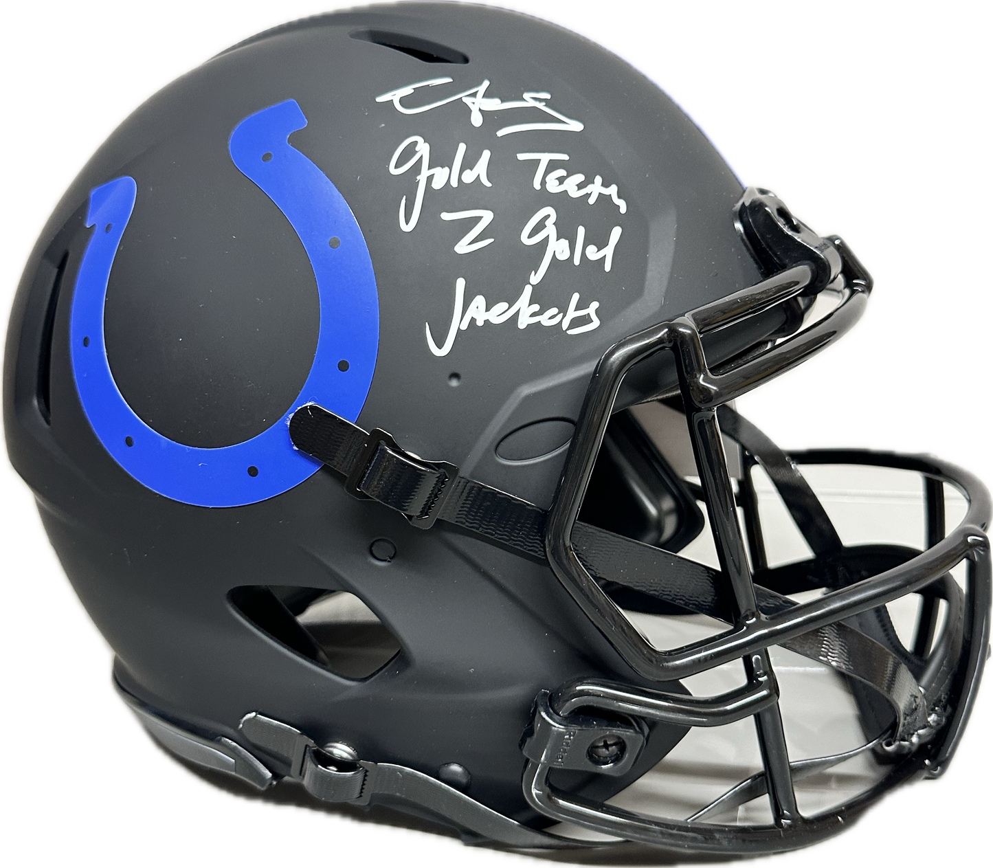 Edgerrin James Full Size Indianapolis Eclipse Speed AMP Football Helmet (JSA) Gold Teeth To Gold Jacket