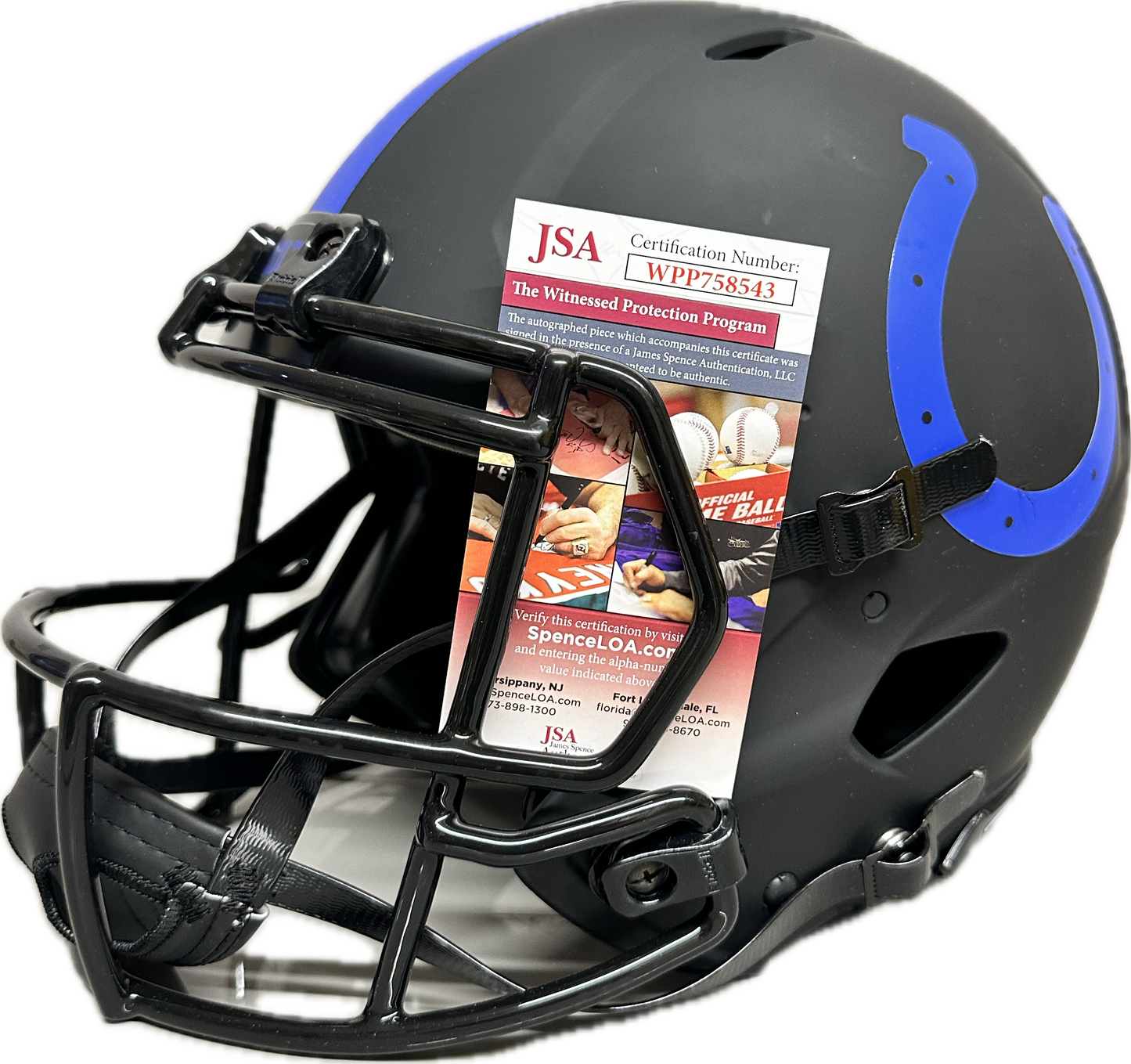 Edgerrin James Full Size Indianapolis Eclipse Speed AMP Football Helmet (JSA) Gold Teeth To Gold Jacket