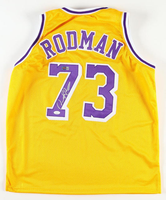 Dennis Rodman Autographed Los Angeles ] Custom Basketball Yellow Jersey (PIA/JSA)