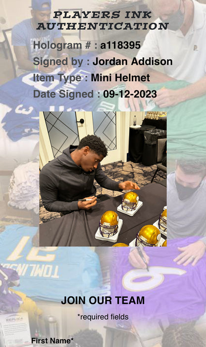 Jordan Addison Minnesota Flash Gold Signed Mini Football Helmet (PIA)
