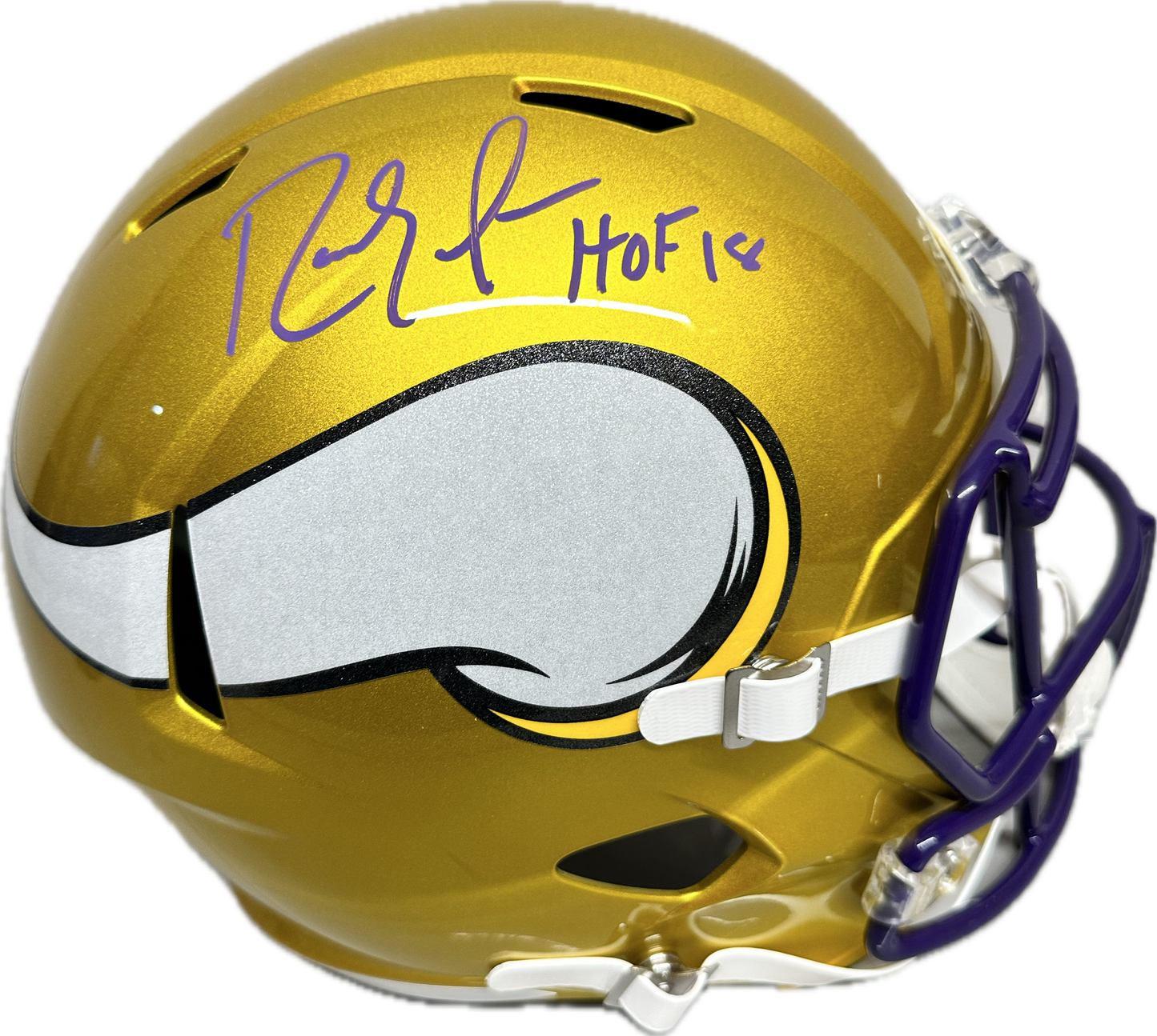 Randy Moss "HOF 18" Inscription Minnesota Gold Full Size Football Helmet (JSA)