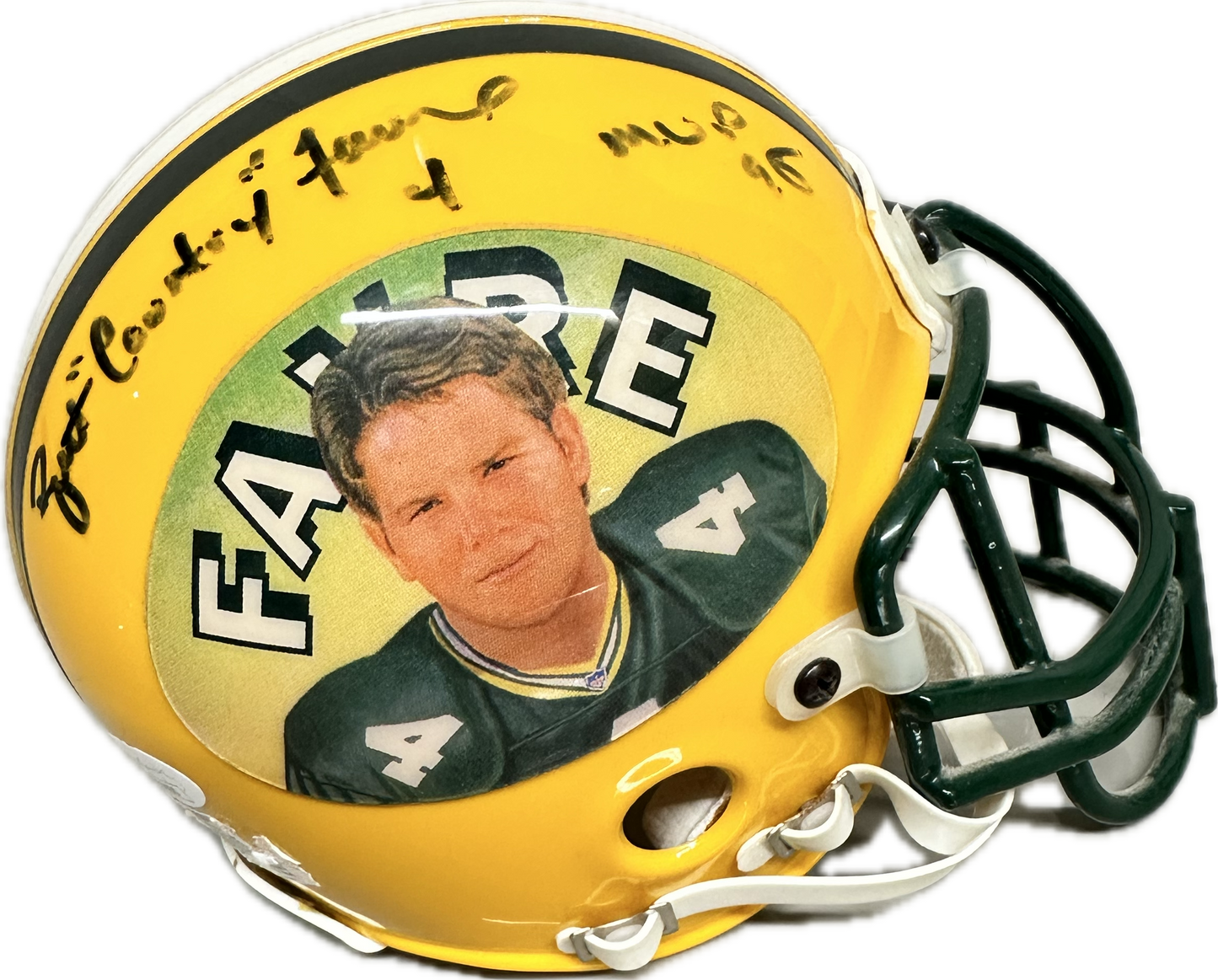 Brett Favre Custom Signed Green Bay Yellow Mini Football Helmet (JSA) Faded Autograph