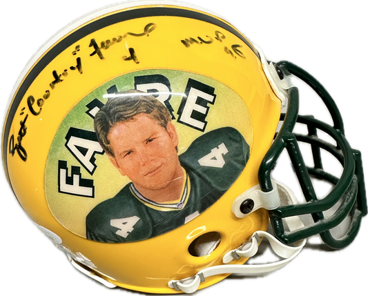 Brett Favre Custom Signed Green Bay Yellow Mini Football Helmet (JSA) Faded Autograph