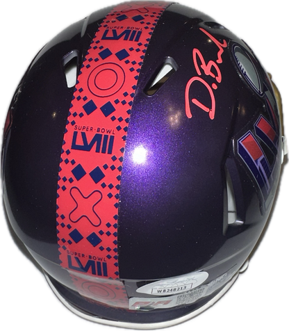 Deon Bush "SB LVIII" Inscription Super Bowl Purple Signed Mini Football Helmet (PIA JSA)