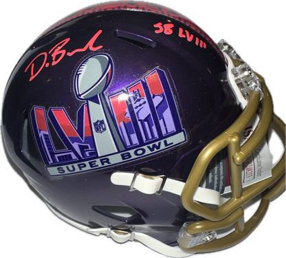 Deon Bush "SB LVIII" Inscription Super Bowl Purple Signed Mini Football Helmet (PIA JSA)