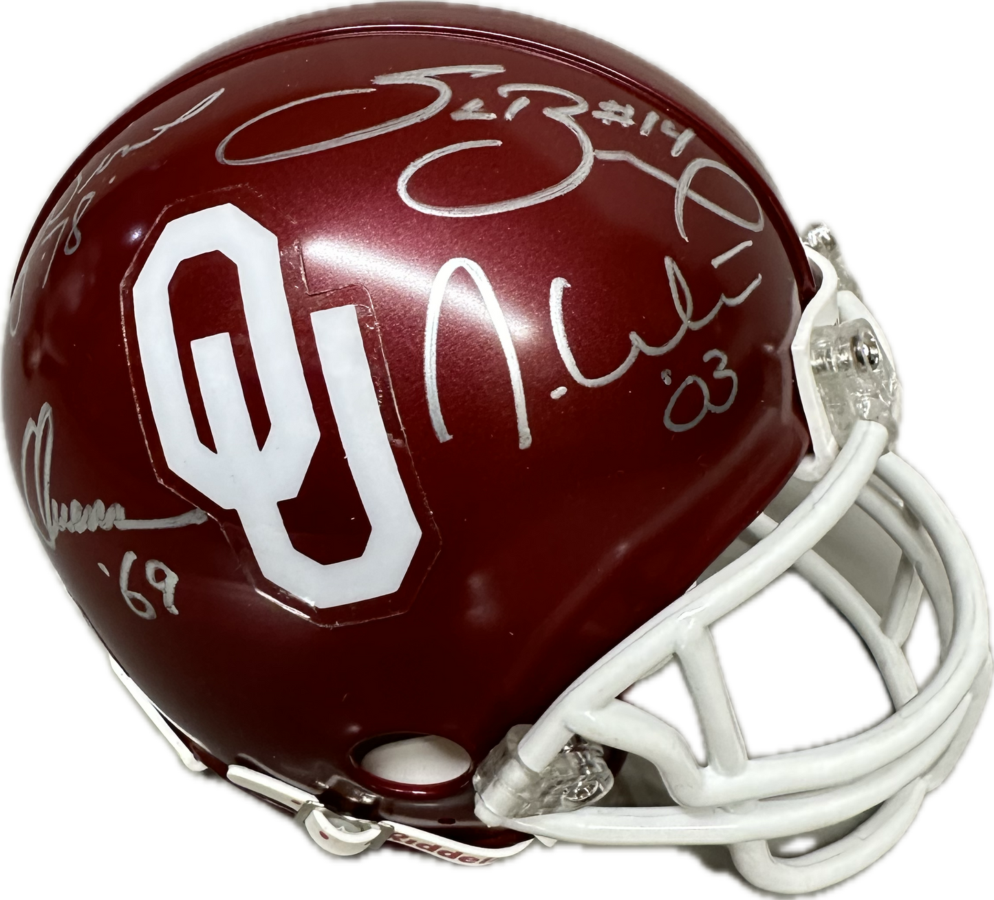Sam Bradford Jason White  Billy SImms Steve Owens OU Red Signed Mini Football Helmet (JSA)