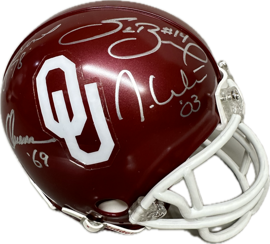 Sam Bradford Jason White  Billy SImms Steve Owens OU Red Signed Mini Football Helmet (JSA)