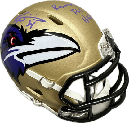 Ricky Williams Baltimore "Ravens Fly High" Inscription Gold Signed Mini Football Helmet (JSA)