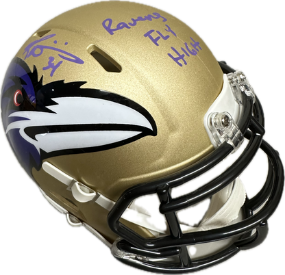 Ricky Williams Baltimore "Ravens Fly High" Inscription Gold Signed Mini Football Helmet (JSA)