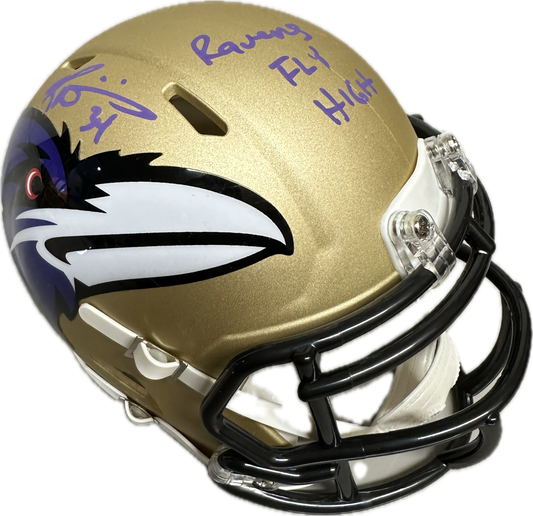 Ricky Williams Baltimore "Ravens Fly High" Inscription Gold Signed Mini Football Helmet (JSA)