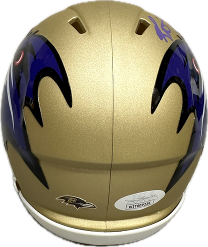 Ricky Williams Baltimore "Ravens Fly High" Inscription Gold Signed Mini Football Helmet (JSA)