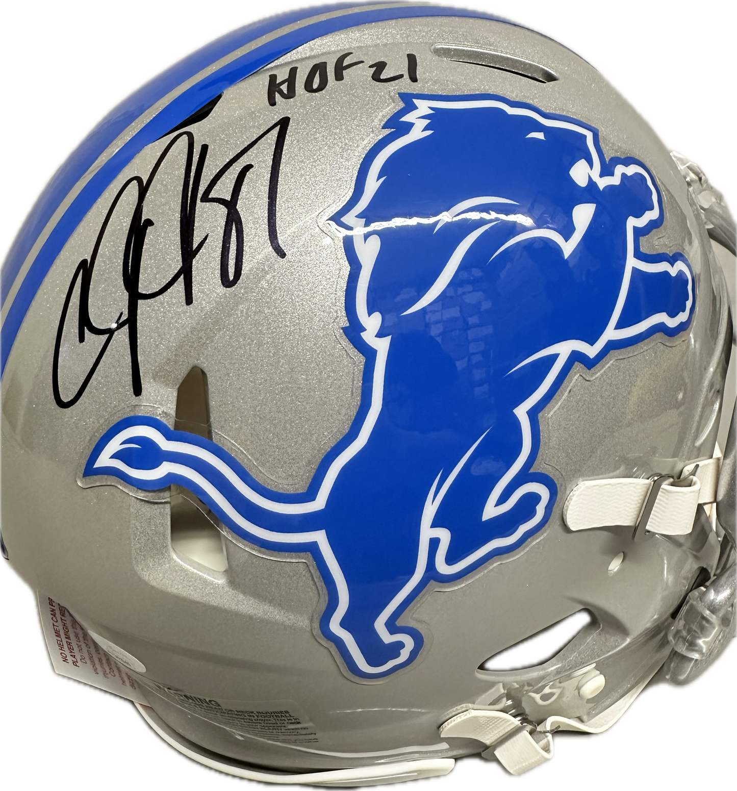 Calvin Johnson "HOF 21" Inscription Signed Detroit Full Size Grey Football Helmet (JSA)