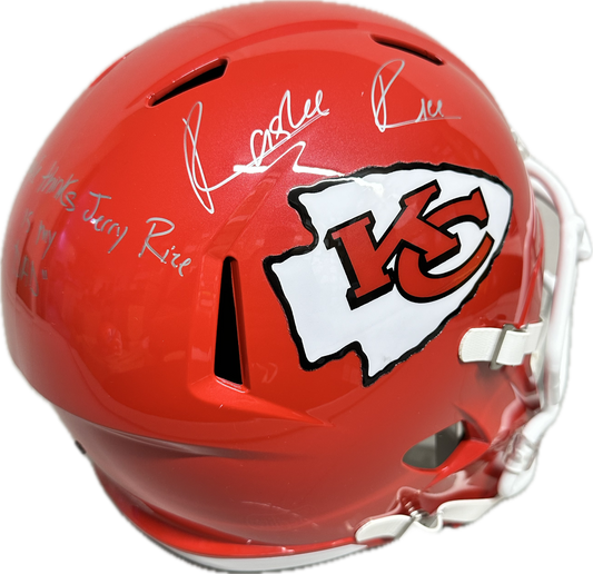 Rashee Rice Kansas City Inscription "Google Thinks Jerry Rice Is My Dad Red Full Size Football Helmet (JSA)