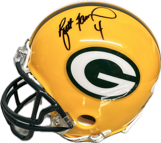 Brett Farve Signed Green Bay Yellow Mini Football Helmet (JSA)