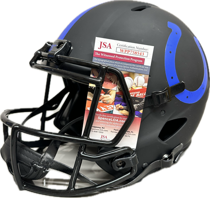 Edgerrin James Full Size Indianapolis Eclipse Speed AMP Football Helmet (JSA) Gold Teeth To Gold Jacket