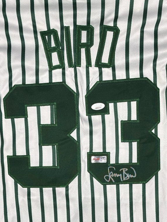 Larry Bird Autographed Custom Pinstrupe Boston Signed Jersey (PIA/JSA)