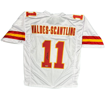 Marquez Valdes Scantling Signed White Super Bowl Chiefs Custom Autographed Football Jersey (PIA)