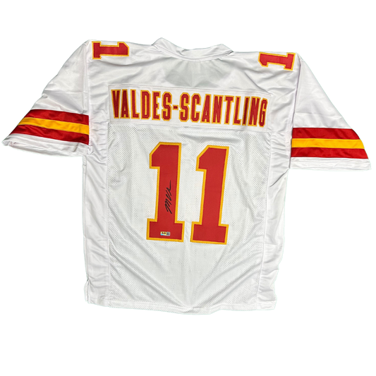 Marquez Valdes Scantling Signed White Super Bowl Chiefs Custom Autographed Football Jersey (PIA)
