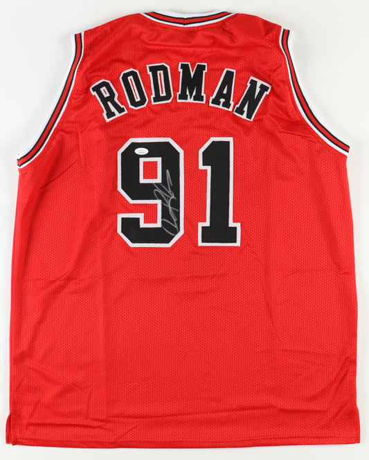 Dennis Rodman Red Custom Chicago Autographed Basketball Jersey (PIA/JSA)