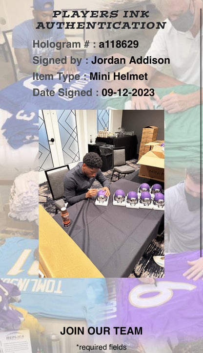 Jordan Addison Minnesota Puple Signed Mini Football Helmet (PIA)